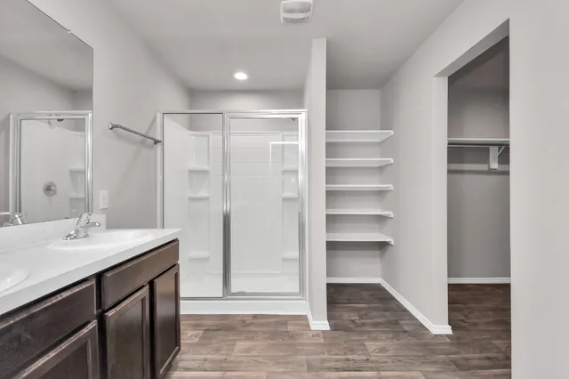 a bathroom with a sink a mirror and a shower