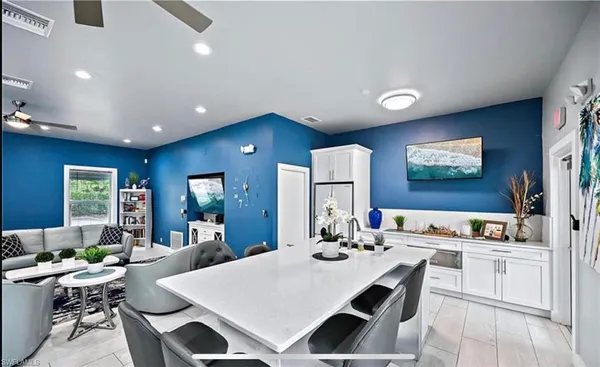 a view of a dining room with furniture