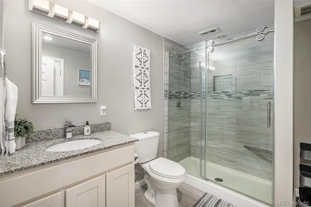 a bathroom with a granite countertop sink toilet and shower