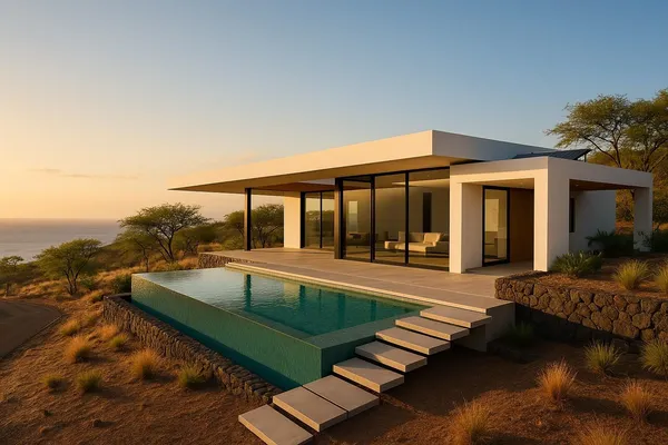 a view of a house with pool and chairs