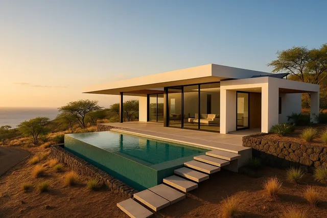 a view of a house with pool and chairs