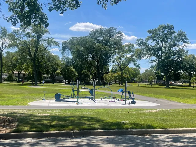 a view of a park with large trees