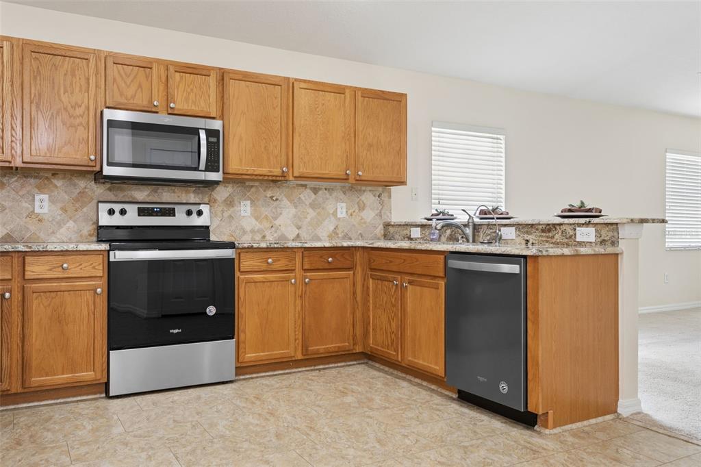 25932 Terrawood Loop Land O Lakes, FL 34639 - Photo 7 of 28 a kitchen with stainless steel appliances granite countertop a stove a sink and a microwave