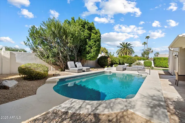 a view of a swimming pool with a patio and plants