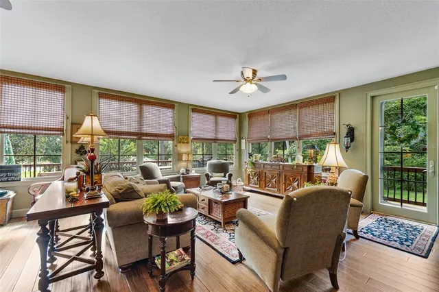 a view of a living room with wooden floor and furniture