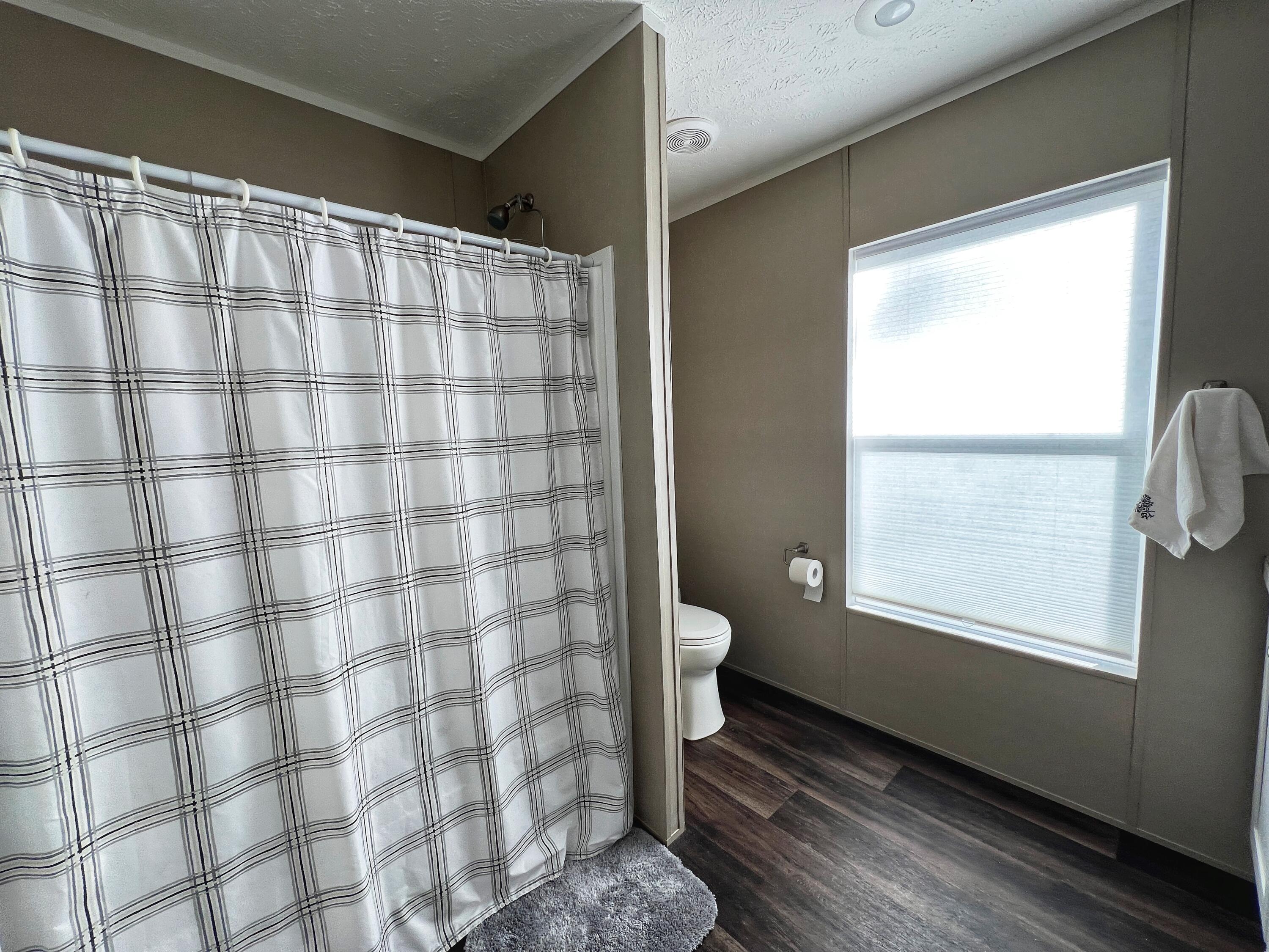 1485 Pine Ridge Road Huddleston, VA 24104 - Photo 18 of 52 a bathroom with a toilet and a shower curtain