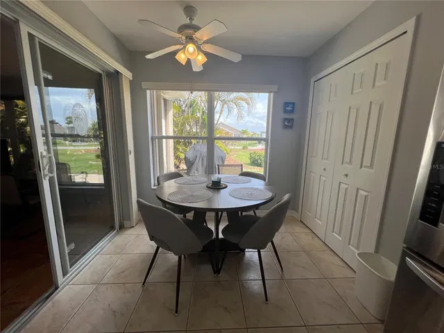 a view of a dining room with furniture window and outside view