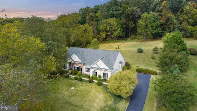 an aerial view of a house with swimming pool and garden