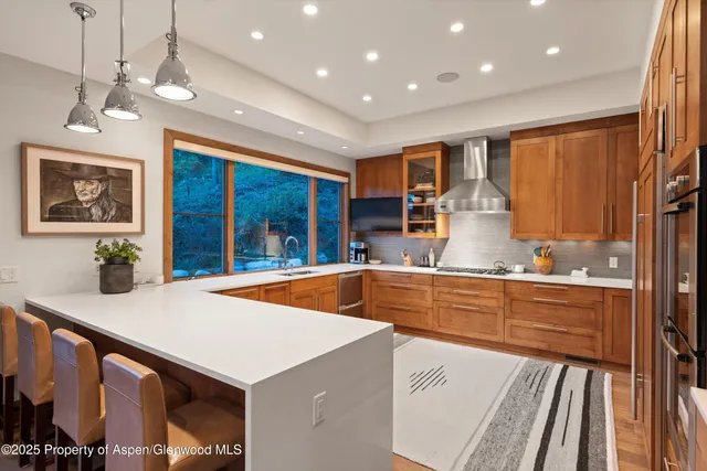 a kitchen with stainless steel appliances granite countertop a sink and a refrigerator