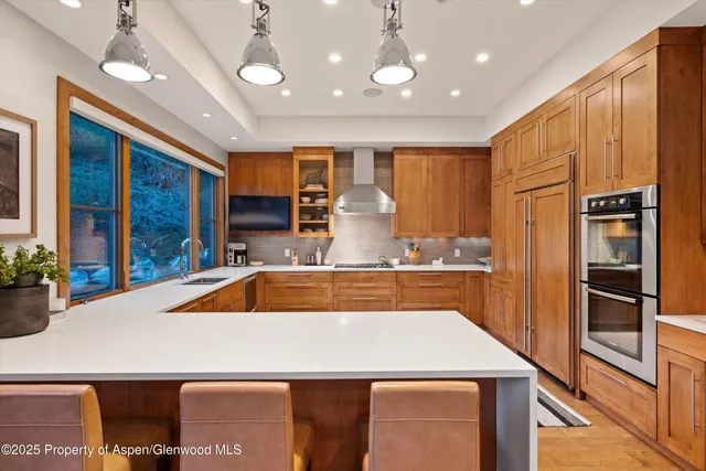 a kitchen with stainless steel appliances granite countertop a sink and a refrigerator