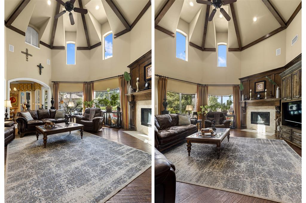801 White Buffalo Lane Heath, TX 75032 - Photo 12 of 39 a living room with fireplace furniture and a chandelier
