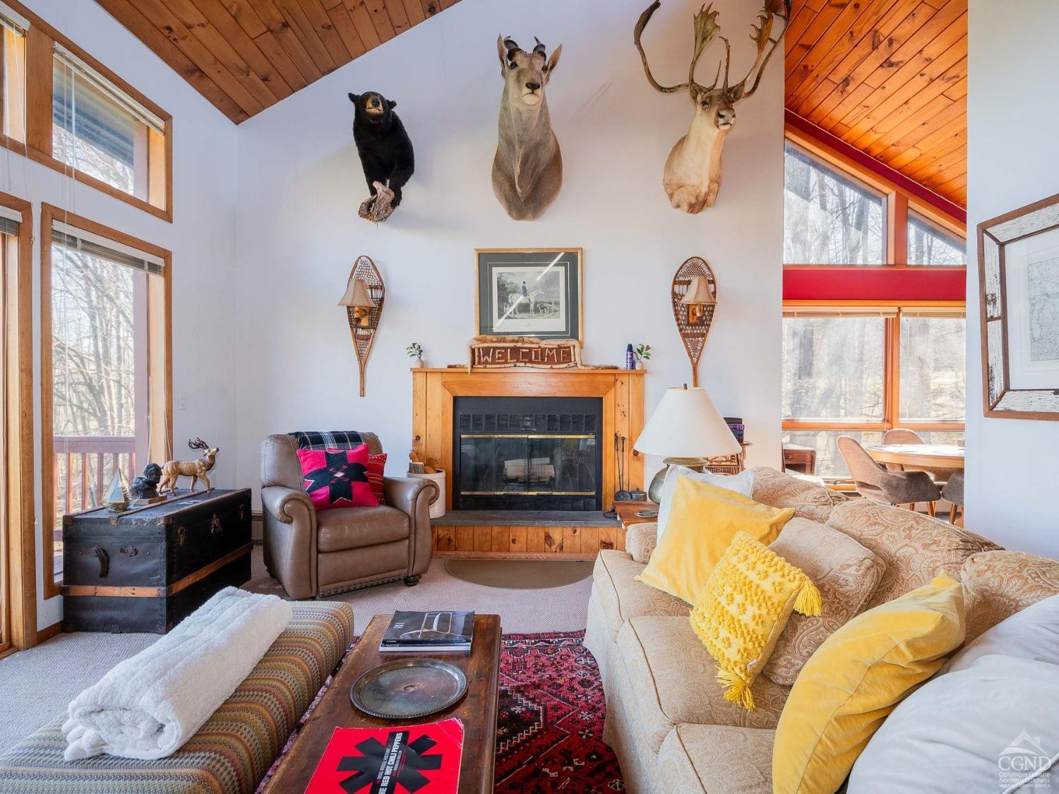 266 Siam Road Windham, NY 12496 - Photo 4 of 52 a living room with furniture a fireplace and a floor to ceiling window