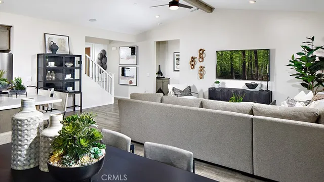 a living room with furniture and a potted plant
