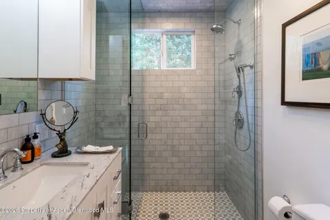 a bathroom with a sink toilet and shower