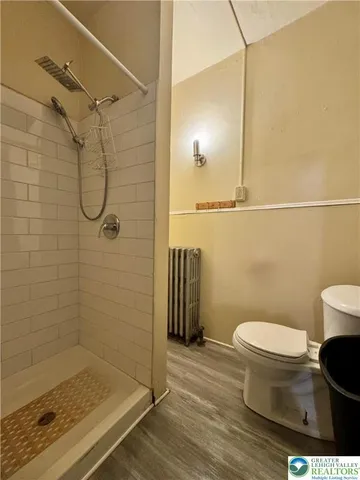 a bathroom with a toilet and a shower