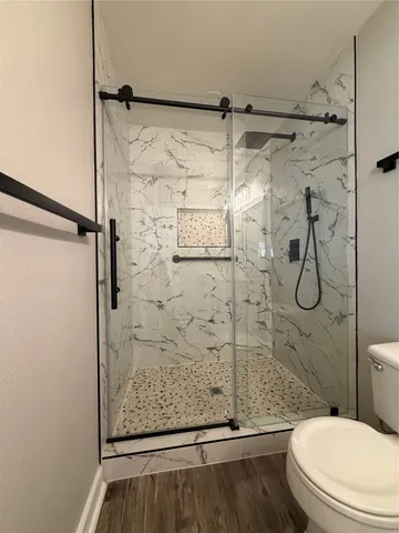 a bathroom with a shower and a toilet