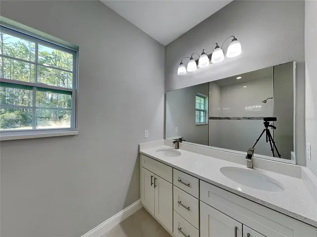 a bathroom with a sink double vanity and a mirror