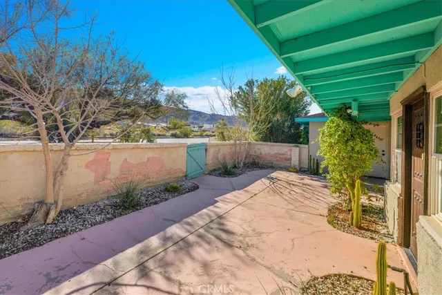 a view of backyard with plants and outdoor seating