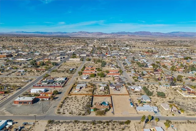 an aerial view of a house with a yard and a large tree