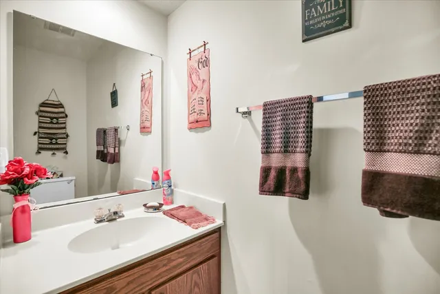 a bathroom with a sink vanity and a mirror