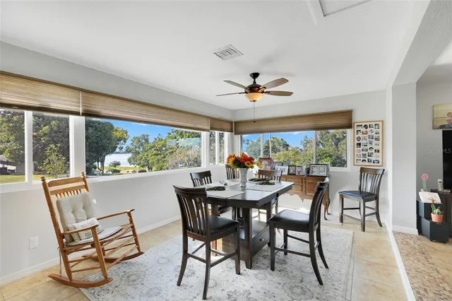 a view of a dining room with furniture window and outside view