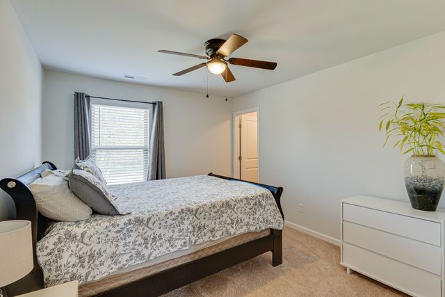 a bedroom with a bed and ceiling fan