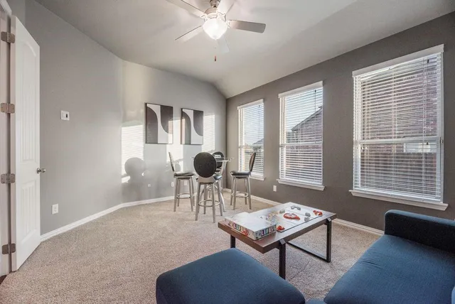 a living room with furniture a rug and a window