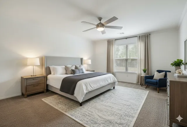 a bedroom with a bed and a couch