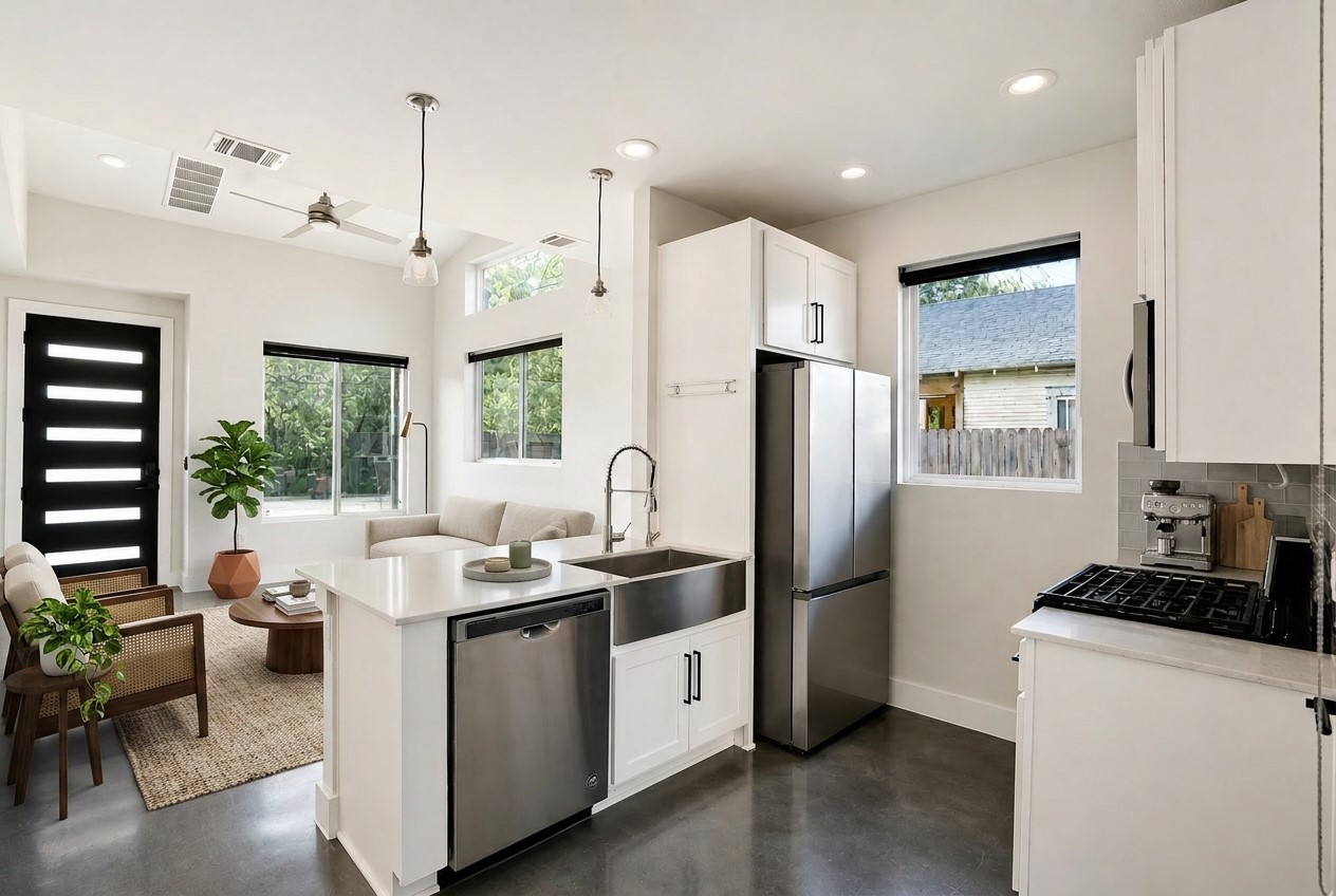 1123 Omega Avenue, Unit 1 Austin, TX 78721 - Photo 5 of 39 An open concept living area seamlessly blends a modern kitchen with a comfortable lounge space.