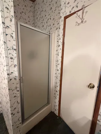 a bathroom with a shower and a sink