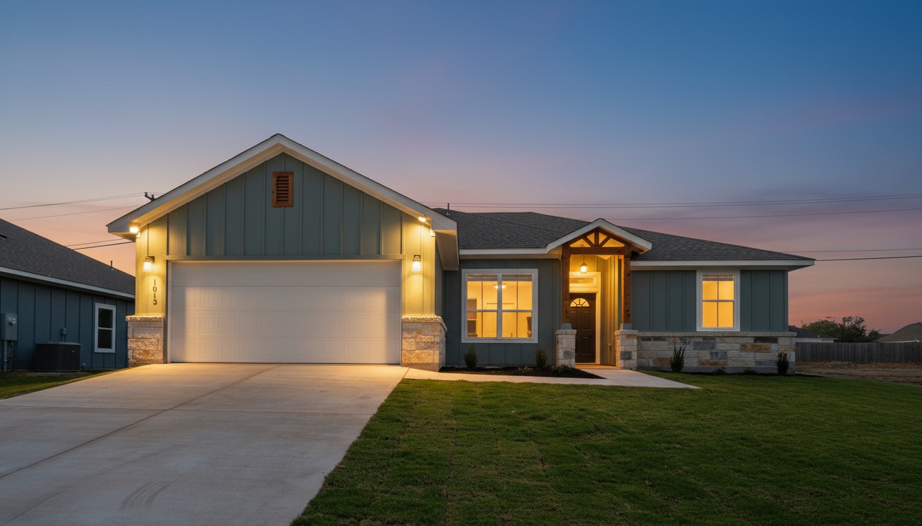 Craftsman-style home with board and batten siding, stone siding, driveway, and an attached garage