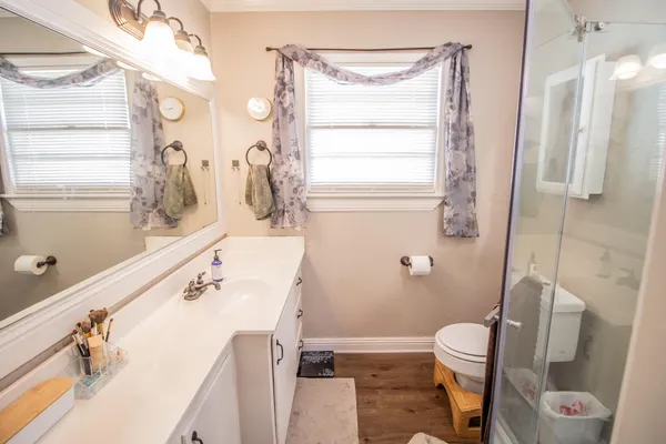 a bathroom with a sink a toilet and shower curtain