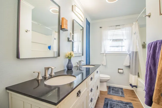 a bathroom with a sink a toilet and a mirror