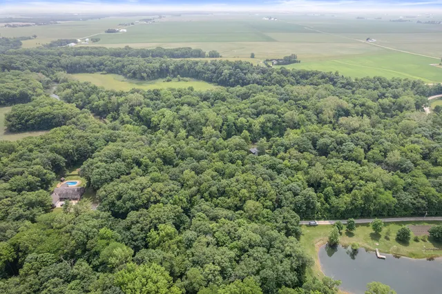 an aerial view of residential houses with outdoor space and trees