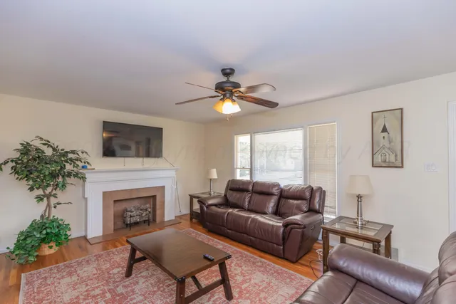 a living room with furniture a fireplace and a potted plant