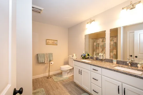 a bathroom with a double vanity sink toilet and a mirror