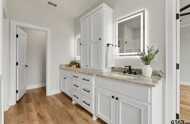 a bathroom with a sink vanity and mirror