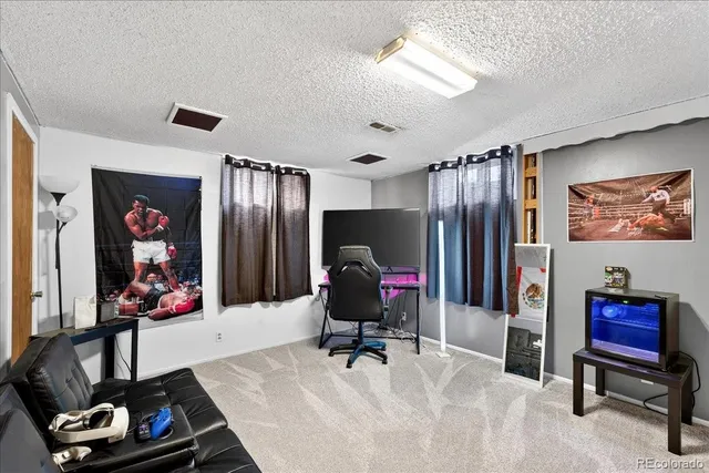 a room with furniture and musical instruments