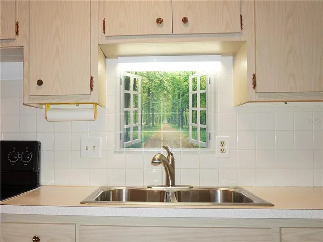 a kitchen with a sink and cabinets