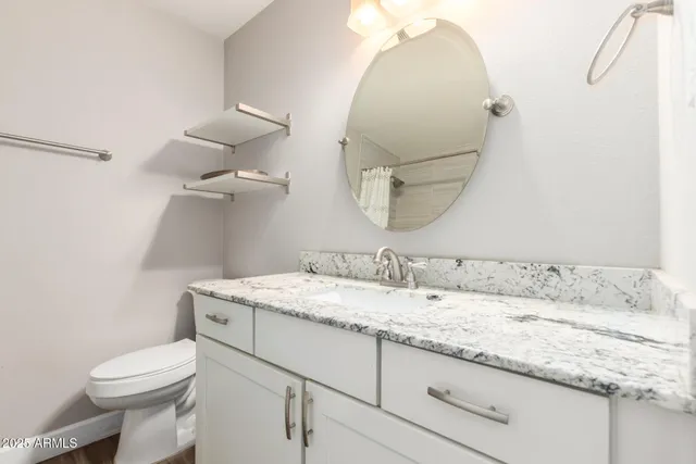 a bathroom with a granite countertop sink a toilet and a mirror