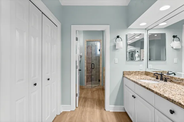 a bathroom with a granite countertop sink and a mirror