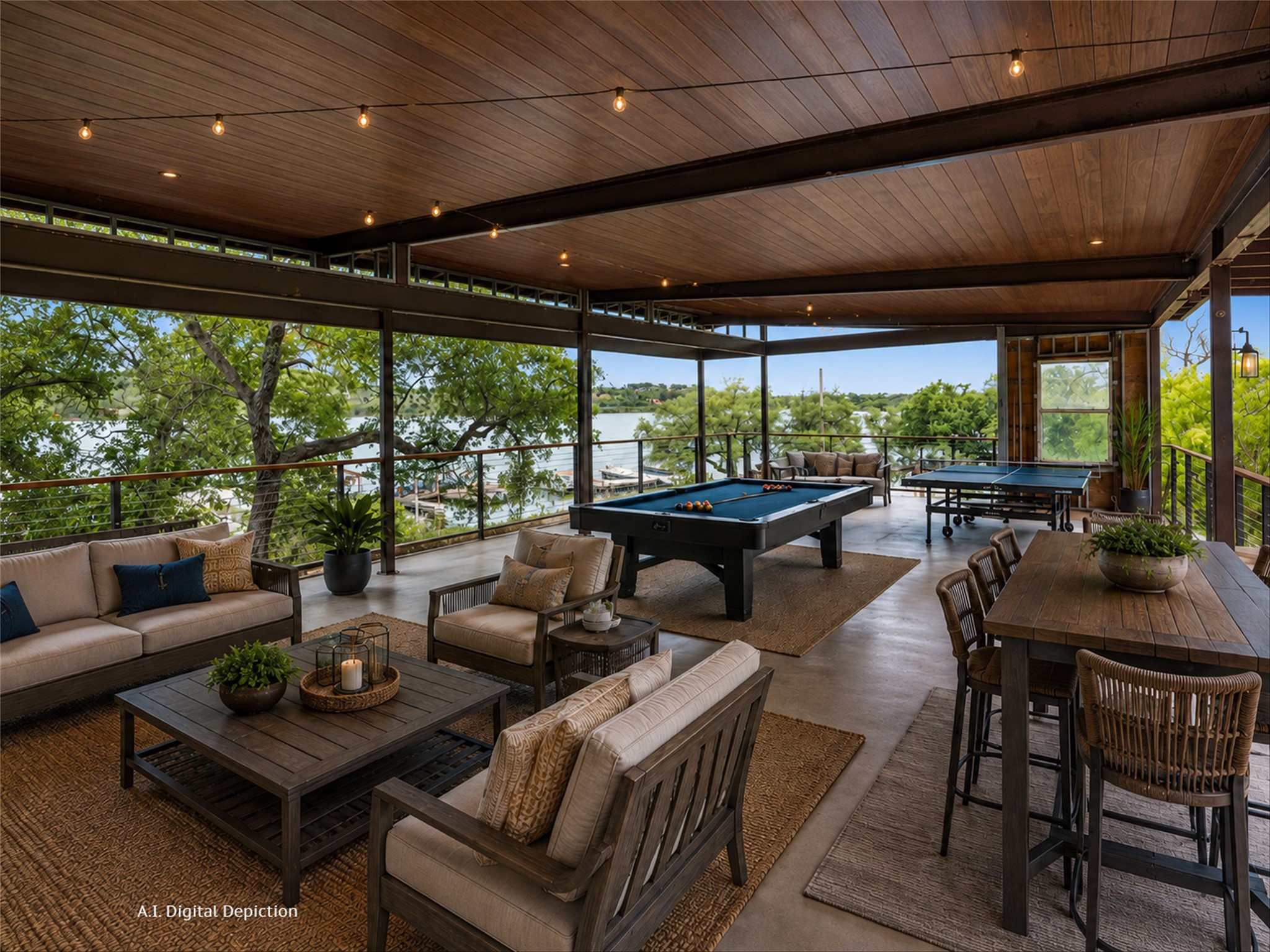 325 Eagle Rest Burnet, TX 78611 - Photo 16 of 40 AI generated photo. An inviting covered deck offers serene waterfront views and ample space for recreation and entertaining.