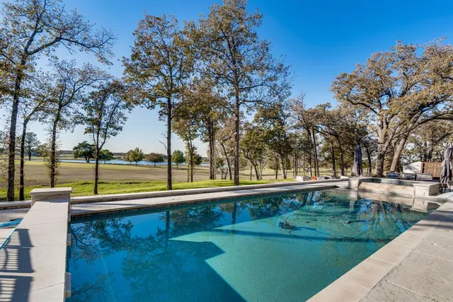 a view of a park with large trees