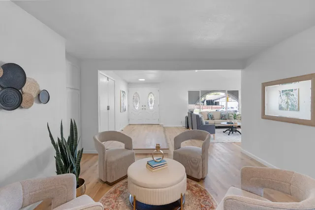 a view of a dining room with furniture
