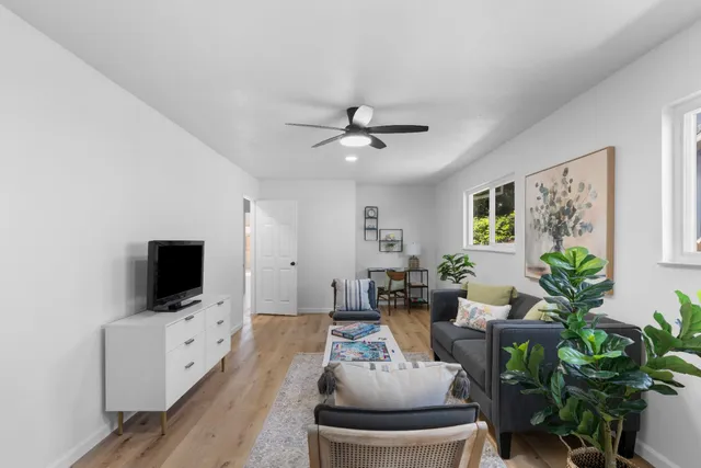 a view of a livingroom with furniture and a potted plant