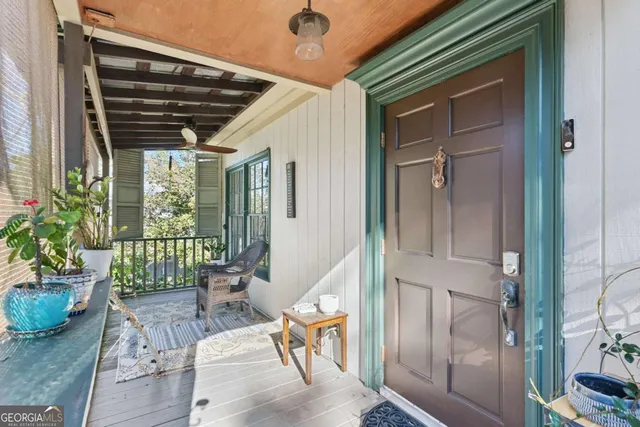 a porch with seating space