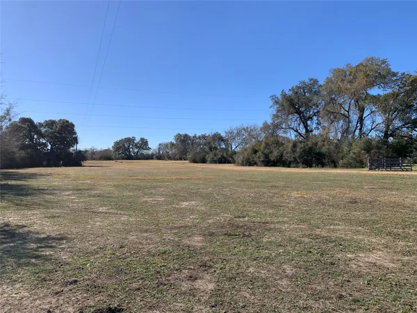 a view of open field with trees in background
