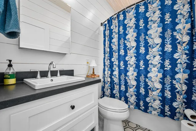 a bathroom with a sink a toilet and shower curtain