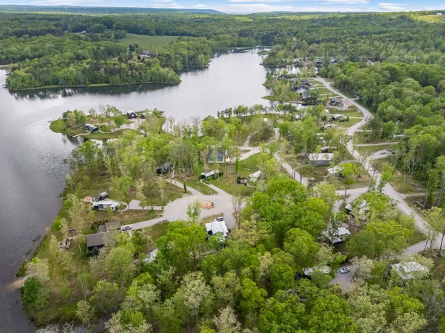 an aerial view of a residential houses with outdoor space and trees