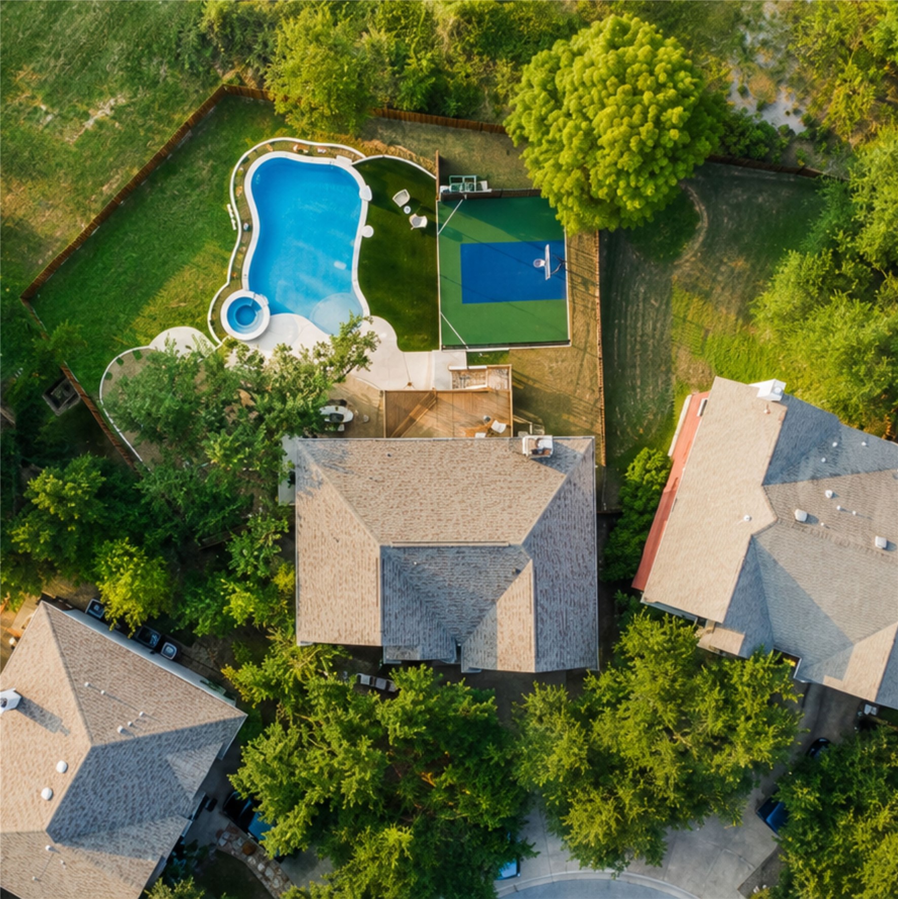 2204 Rimrock Drive Austin, TX 78738 - Photo 34 of 39 An aerial perspective showcases a backyard pool and basketball court surrounded by mature trees.
